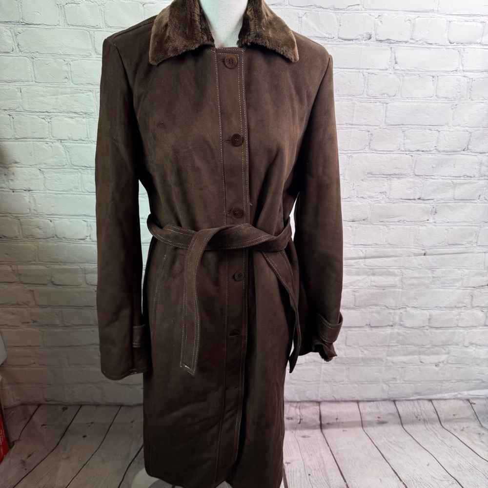 ANNE KLEIN Vintage Faux Fur Collar Trench Coat Brown Medium Large
